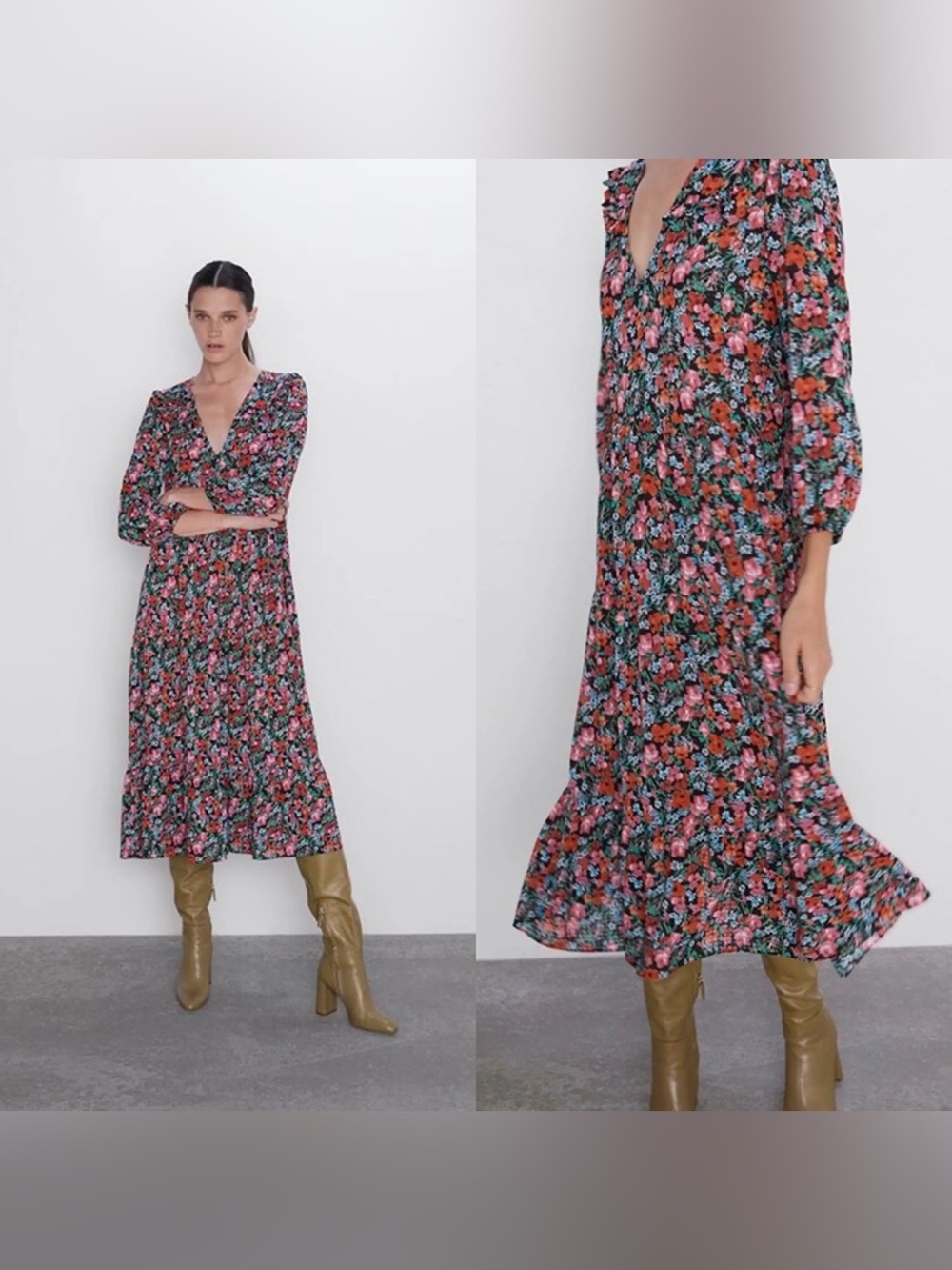 NWT Zara Floral Printed Midi Dress Size Small Blogger Fav Boho Prairie Ruffles